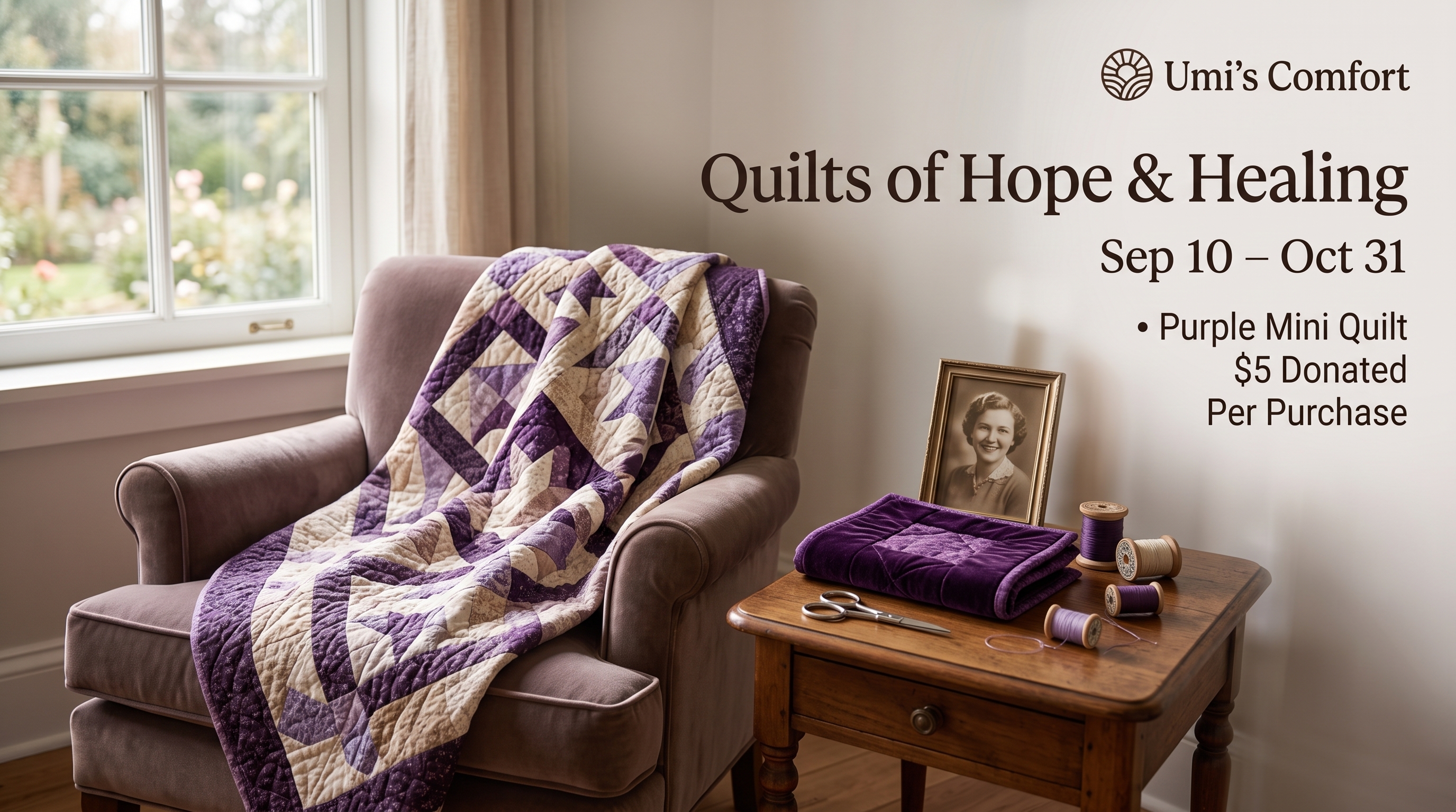 Quilts of Hope and Healing — purple mini quilt with five dollars donated per purchase, September 10 through October 31