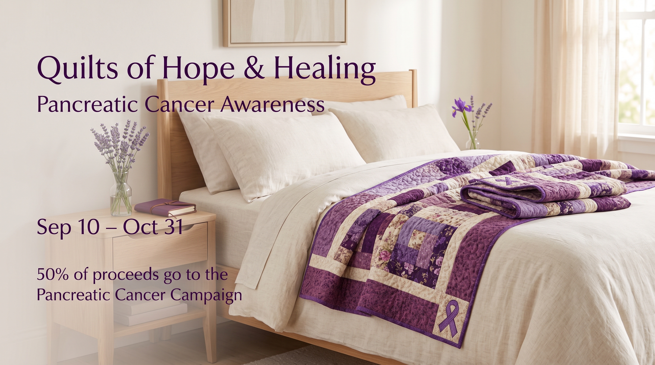 Quilts of Hope and Healing — Pancreatic Cancer Awareness, fifty percent of proceeds to the Pancreatic Cancer Campaign, September 9 through October 31